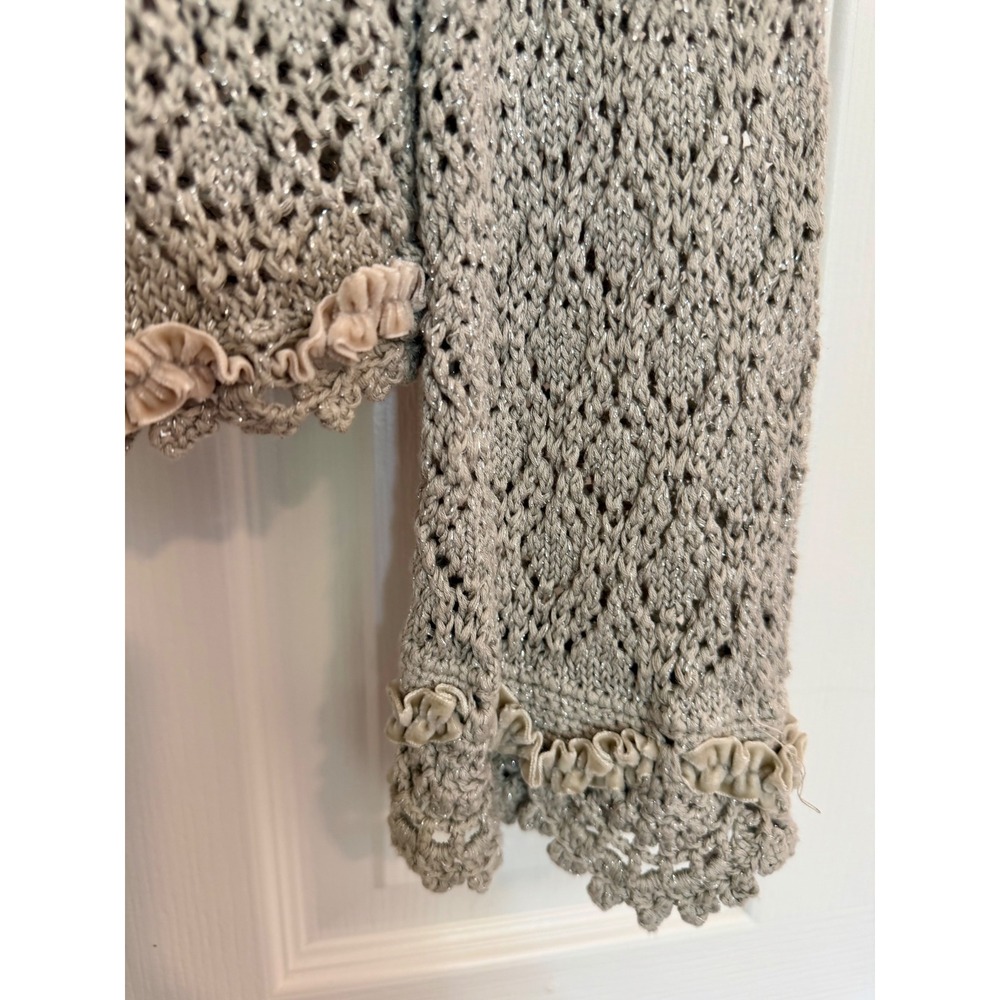 Express Womens Silver Metallic Pointelle Knit Cardigan Ruffle Velvet Trim Large - Picture 4 of 7